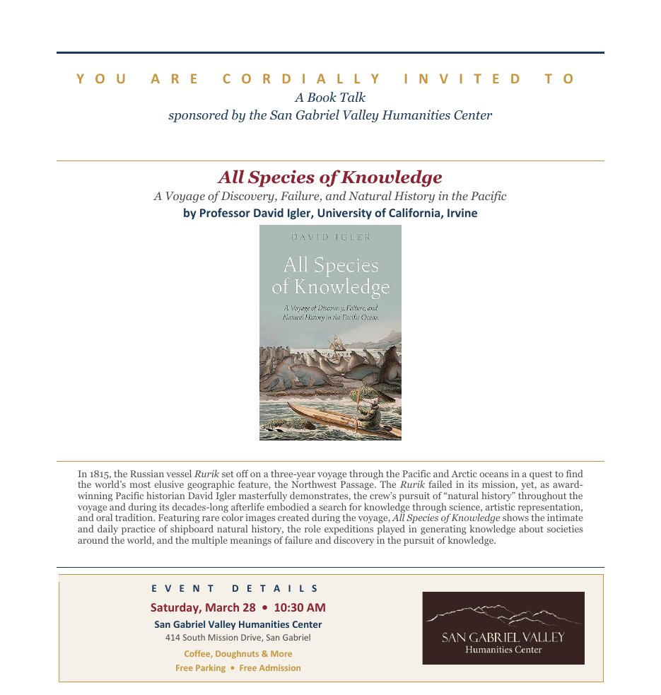 Invitation to David Igler's book talk on All Species of Knowledge, Saturday, March 28, showing the book's cover.