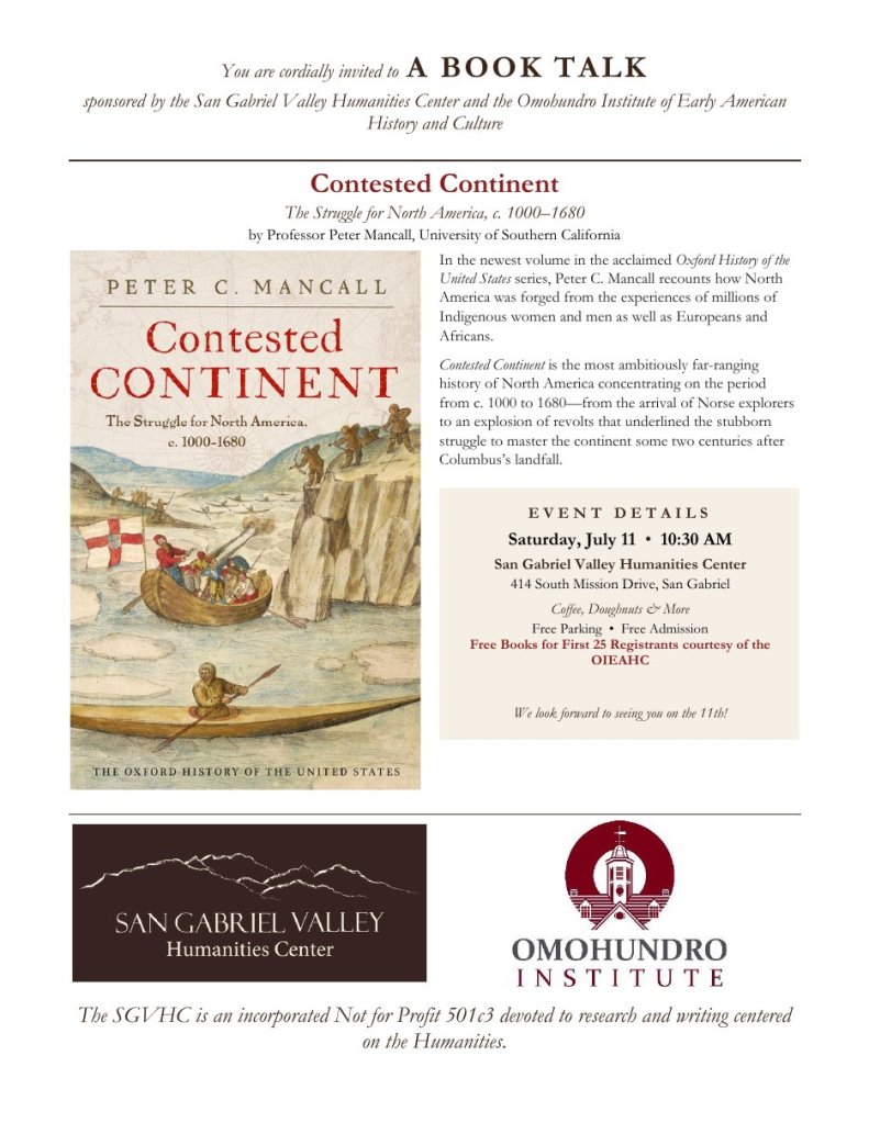 Invitation to Peter C. Mancall's book talk on Contested Continent, Saturday, July 11, showing the book's cover.