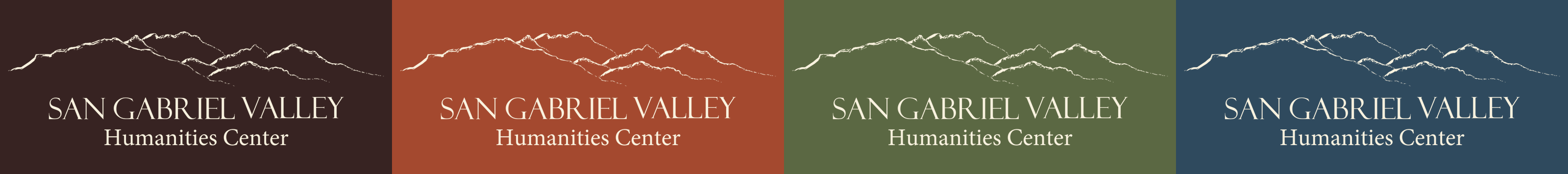 The San Gabriel Valley Humanities Center logo repeated four times on brown, terracotta, green and blue backgrounds.