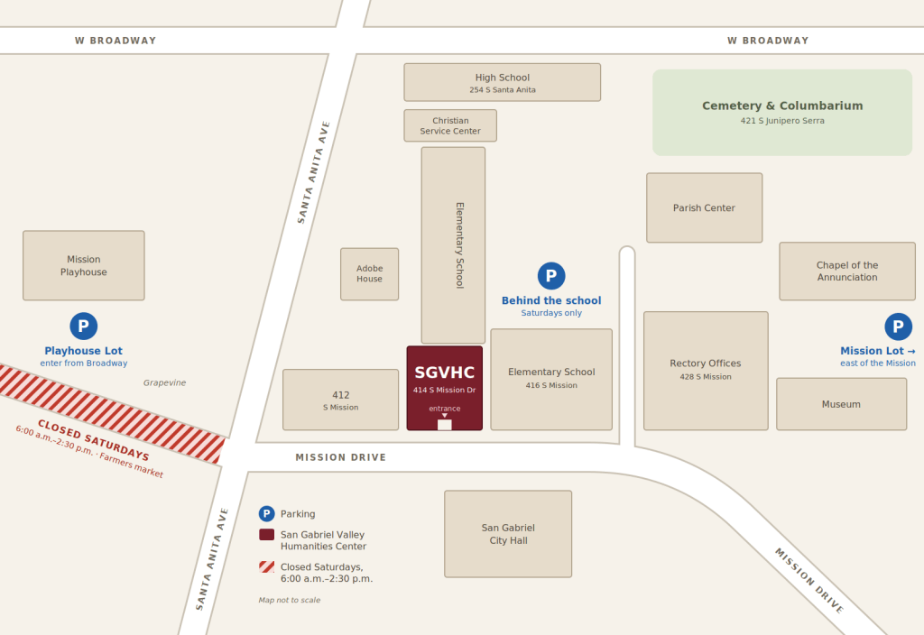 Map of the area around the Center at 414 South Mission Drive, showing parking at the Playhouse Lot, the Mission Lot and behind the Elementary School, and the Saturday closure of Mission Drive west of Santa Anita Avenue.